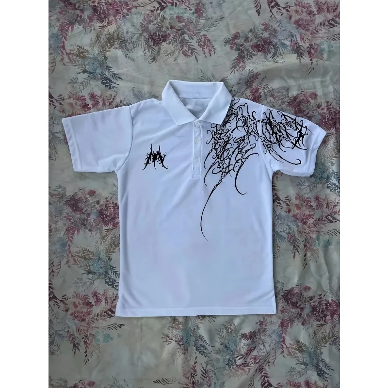 Dark Wind Pattern POLO Short Sleeve Summer Versatile Casual Top K-Gothic Graffiti Print Cyberpunk Casual Daily Date Wear