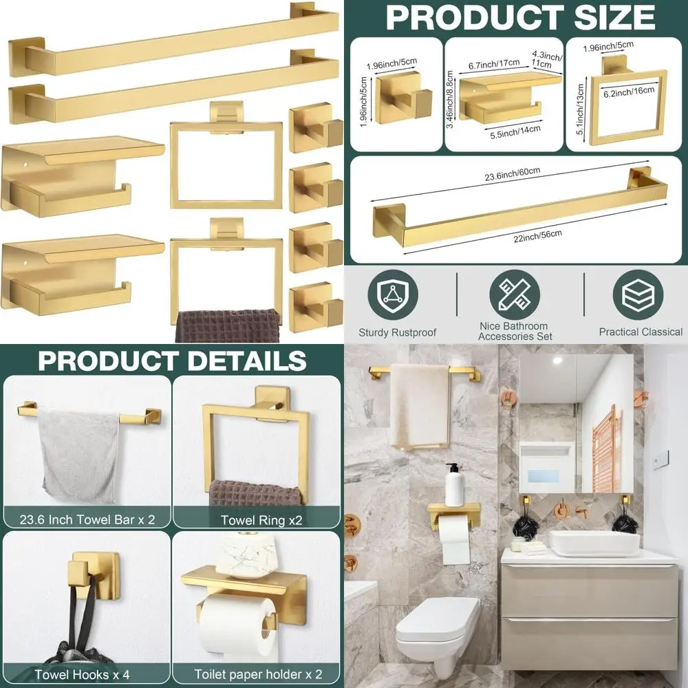 

Bathroom Hardware Set - 23.6 Inch Toilet Paper Holder with Phone Shelf, Towel Ring, and Robe Hook, Stainless Steel Accessories