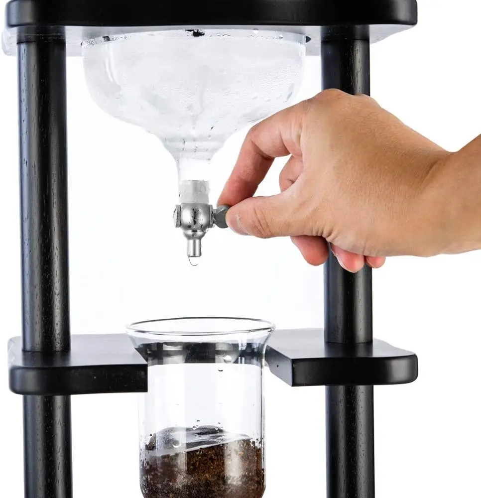 Machine à café glacé avec technologie goutte à goutte lente, 6 à 8 tasses (32oz), tour à café à infusion froide de grande capacité, bois noir droit