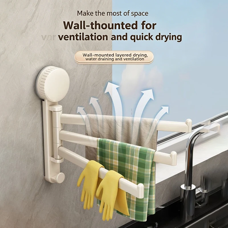 No Drill Suction Triple Bar Wall Mount Towel Rack Hanging Storage Organizer for Bathroom Kitchen