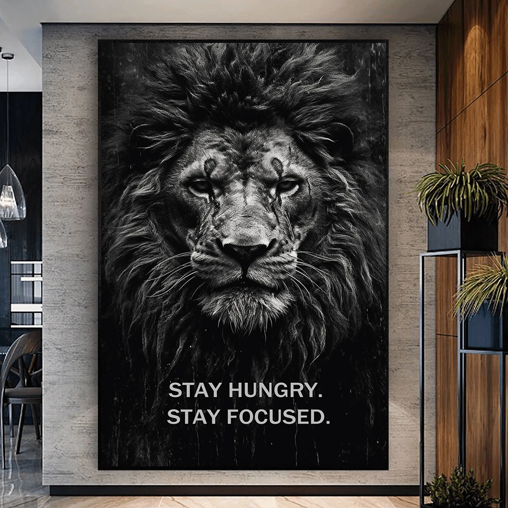 Modern Lion Canvas Wall Art - Frameless Motivational Poster with 'Stay Hungry. Stay Focused.' Quote - Black and White Lion Artwo
