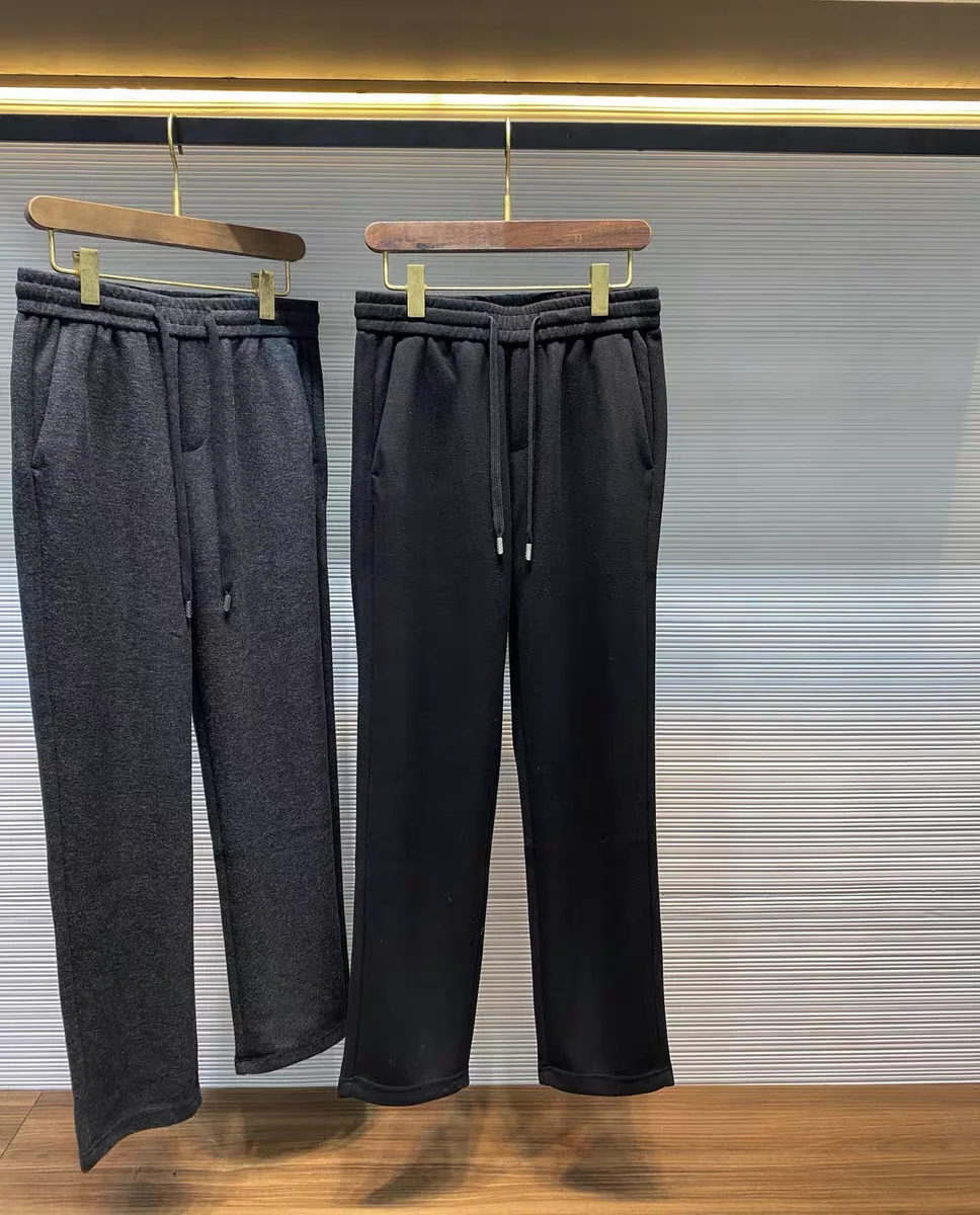 الخريف الشتاء الرجال السراويل مستقيم الساق الصوف مزيج متماسكة شعار معدني Dstring مرونة الخصر فضفاضة تناسب الترفيه السراويل