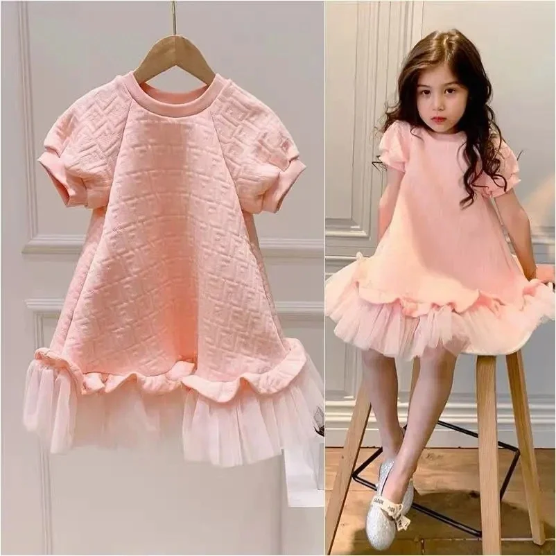 Spring Summer Girls Fashion 2-9Y Children Pink Long Dress Baby Short-sleeved Mesh Dress Princess Teenage clothing