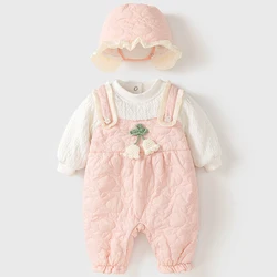 2Piece Winter Newborn Girls Clothes Korean Pink Cute Flower Warm Thick Cotton Rompers Jumpsuits+Hat Baby Boutique Clothing BC598