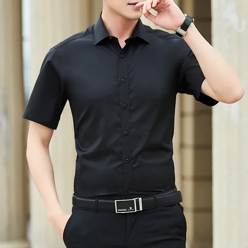 Summer New Black White Blue Men\'s Slim Short Sleeve Shirt Business Classic Casual  Shirt Work Clothes Male Brand Large Size 5XL