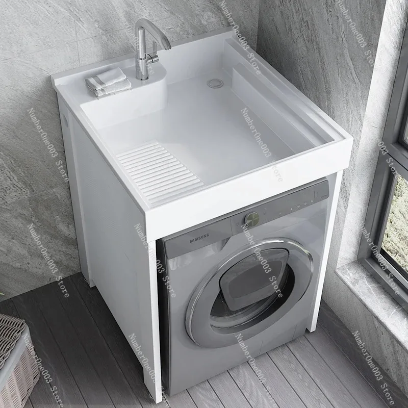 Small Apartment Laundry Cabinet Balcony Integrated Basin Laundry Pool with Rubbing Board Drum Washing Machine Cabinet