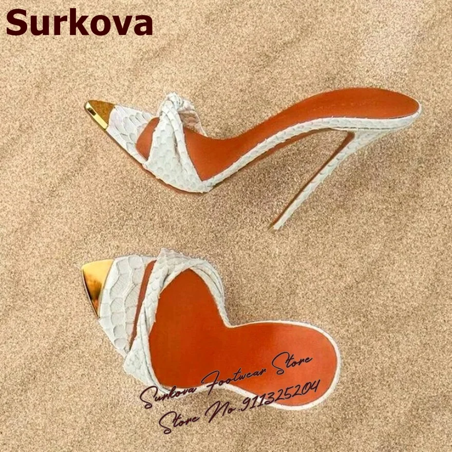 

Surkova snakeskin twisted band high heel mules golden steel tip toe outside modern slippers stiletto heel slip on summer sandals