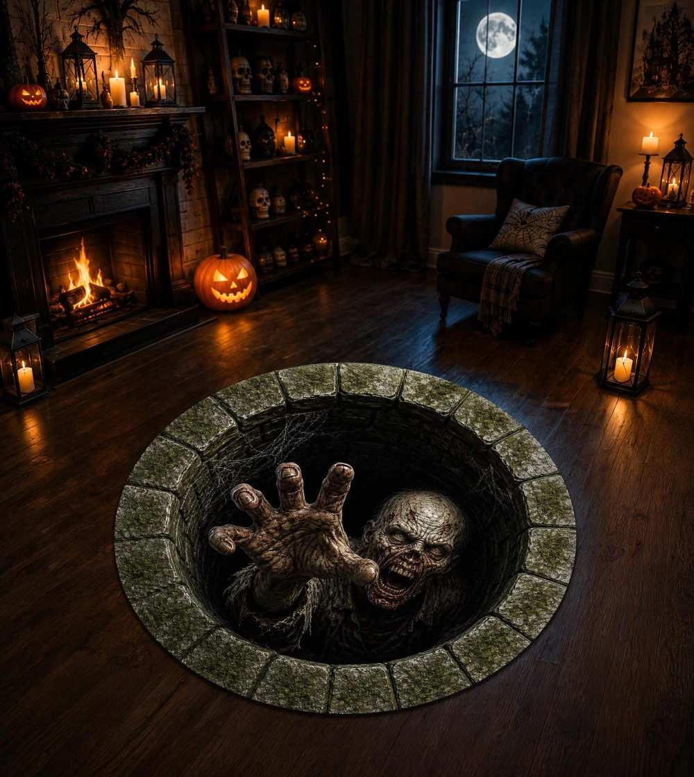 Horror Skull Tunnel 3D Optical Illusion Circle Rug movie room home decor bedroom living room game room Halloween Anti Slip Rug