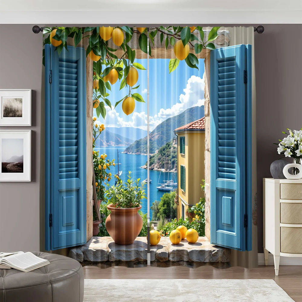2pcs, 2D flat printing Scene Curtains Retro seaside Versatile Polyester Fabric,Without Electricity Spring Party & Holiday Decor