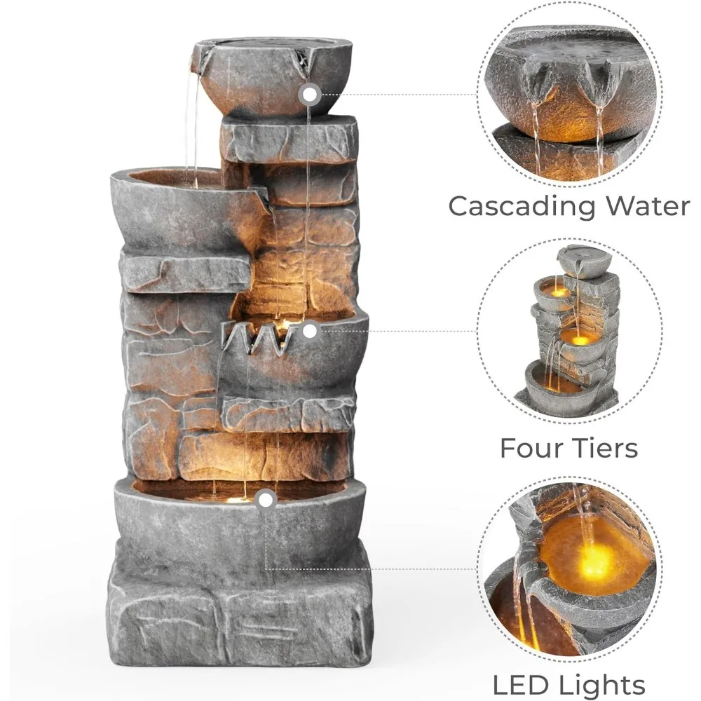 LED Outdoor Water Fountain, Cascading Bowls and Stacked Stones, for Gardens, Landscaping, Outdoor Fountain