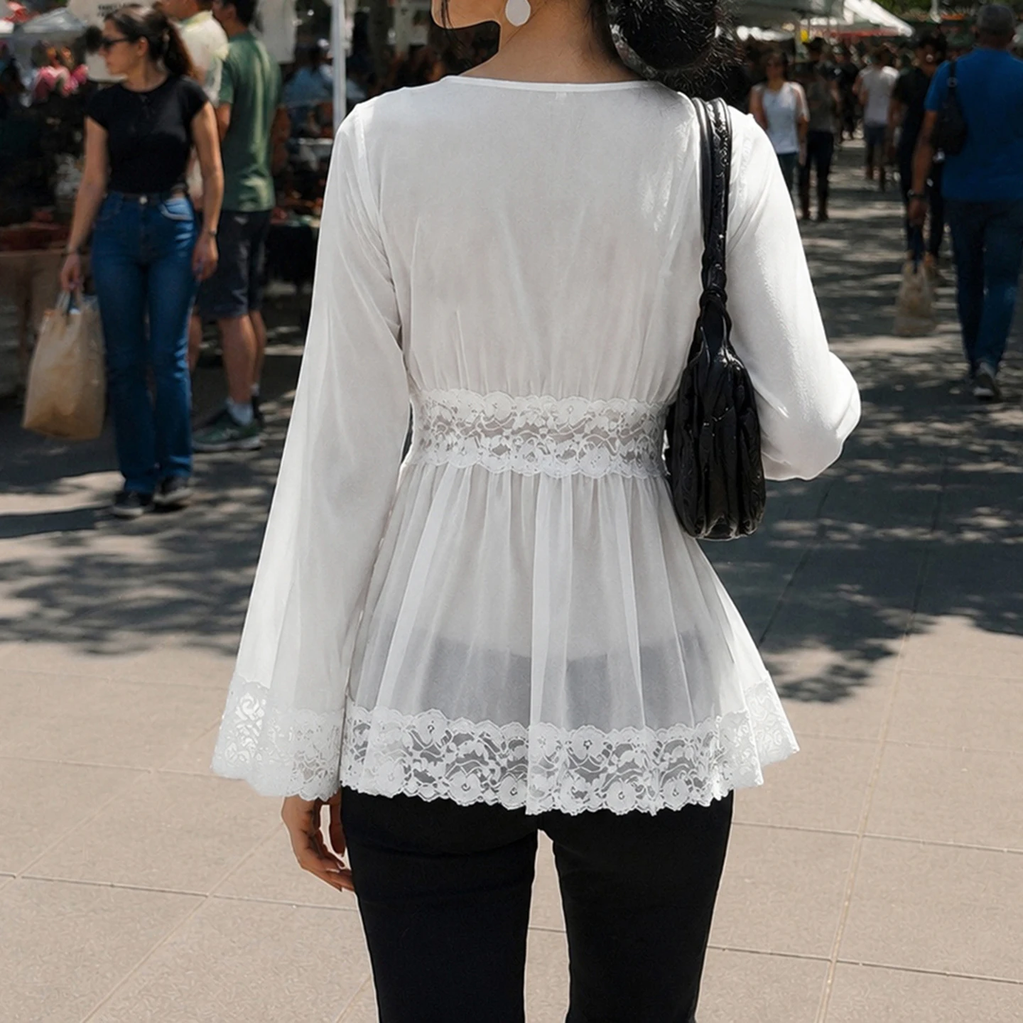 V Neck Lace Spliced Bell Sleeve Empire Waist Peplum Blouse Women Vintage Sweet Casual Loose Flowy White Chiffon Daily Wear Tops
