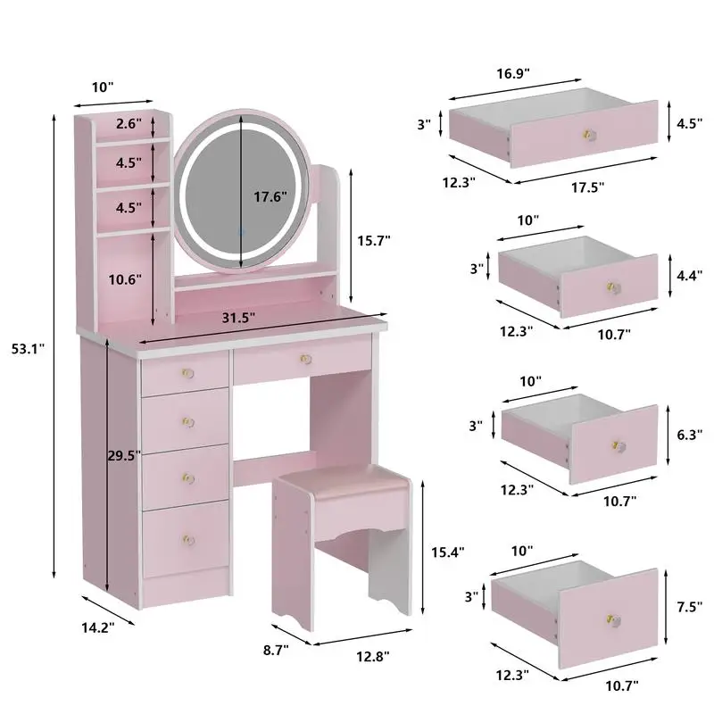 FUFU&GAGA Makeup Vanity Crystal Handle Desk with Mirror, Lights and Drawers for Makeup Pink/Black/White 31.5”W x 15.7”D x 53.1”H