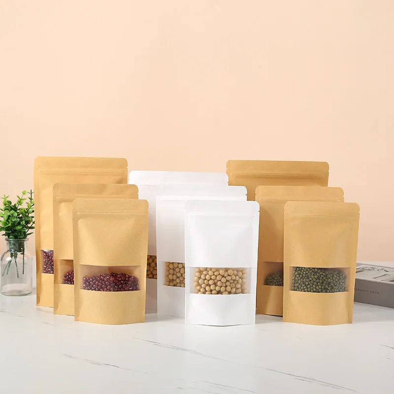 50/100pcs white kraft paper zipper stand up pouch reusable kraft paper bag gift dry food fruit tea packaging ziplock bag