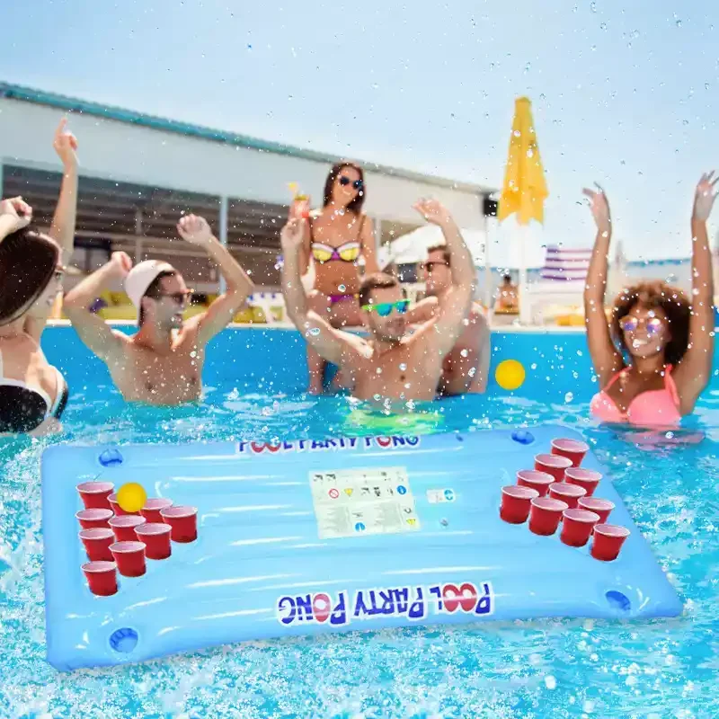 Inflatable Beer Pong Floating Table – Pool Drink Float Mat with Cup Holders & Ice Trough for Water Entertainment