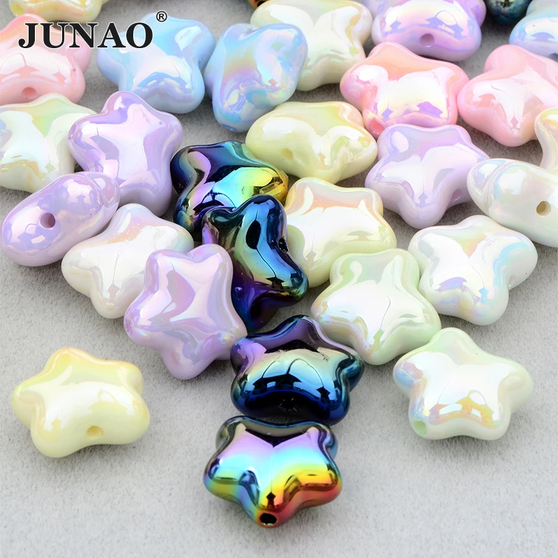 JUNAO 10Pcs 20mm Mix Color Sewing Cream Star Acrylic Beads For DIY Necklace Bracelet Mobile Phone Chain Jewelry Accessories