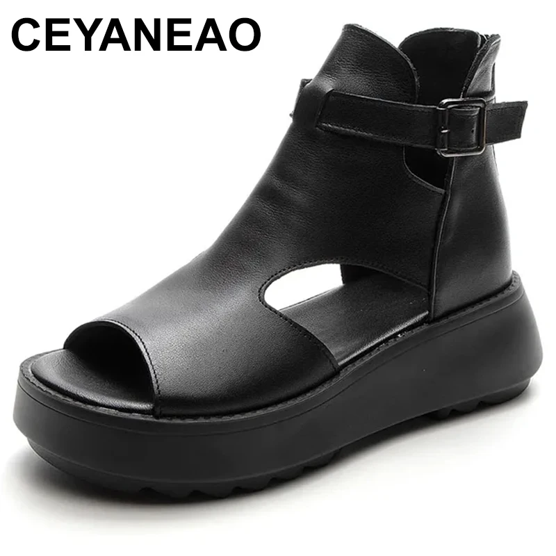 New Top Layer Cowhide Fish Mouth Shoes Roman Sandals Platform Wedges Increase Sandals Cool Boots Women Sandal Shoes