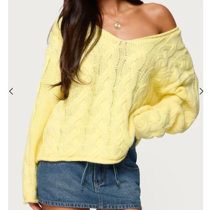 Suéter de punto de Cable para mujer, Jersey holgado de Color sólido con cuello en V profundo, jersey de manga larga, Tops de punto, ropa informal de invierno y otoño