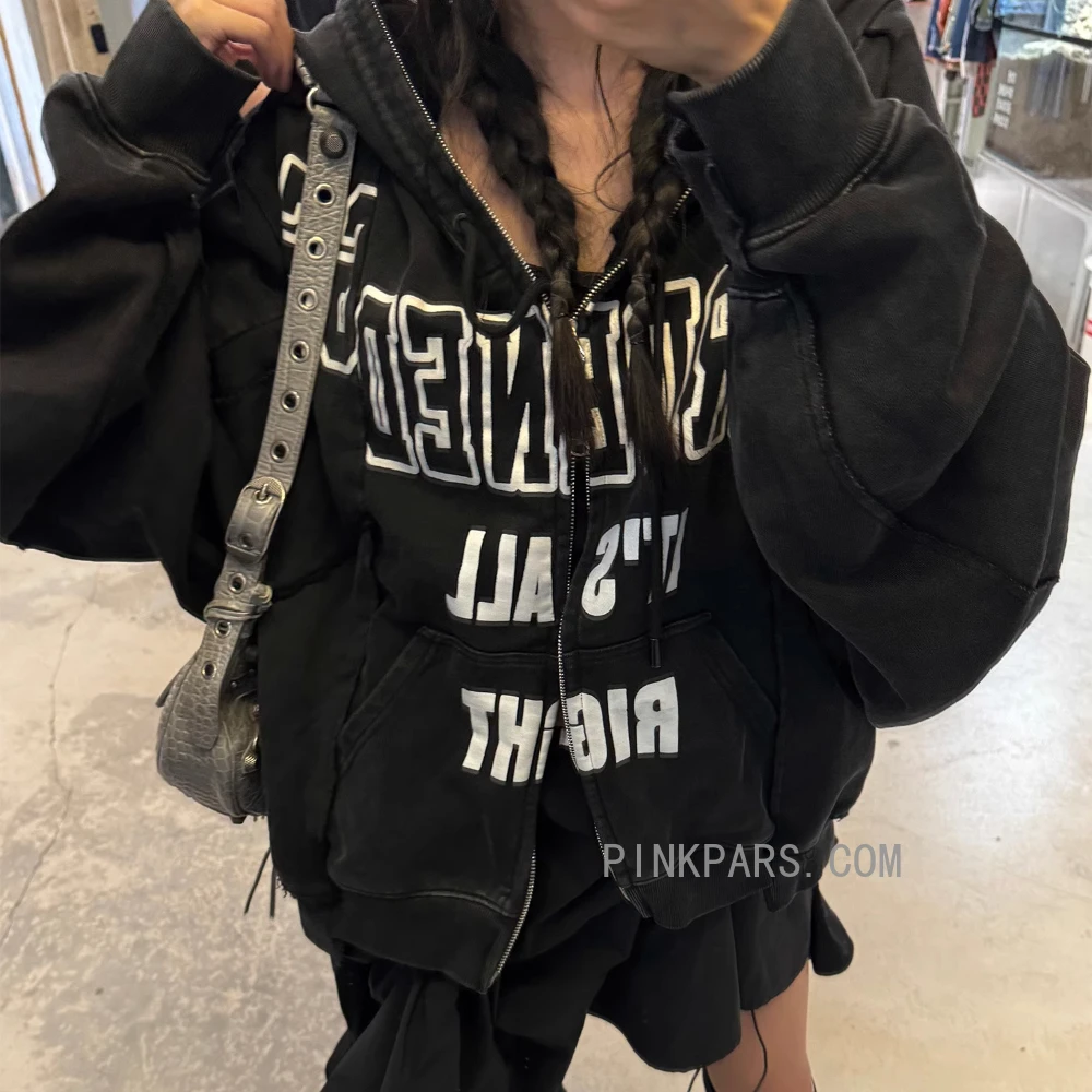 WARDEN EDGE Oversized Hoodie Jacket with Punk Letter Print, Black Streetwear Zip-Up for Urban Edge Vibes