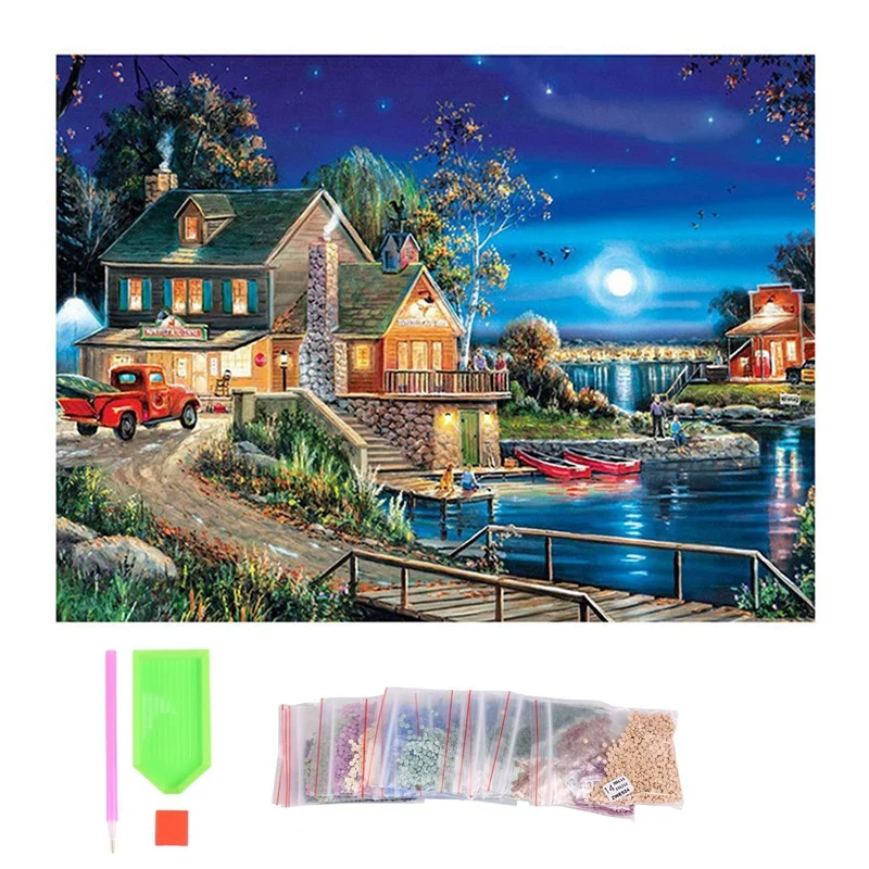 DIY 5D Diamond Painting Landscape Lodge Full Drill Round Home Decoration Embroidery Picture Handcraft Art Kit