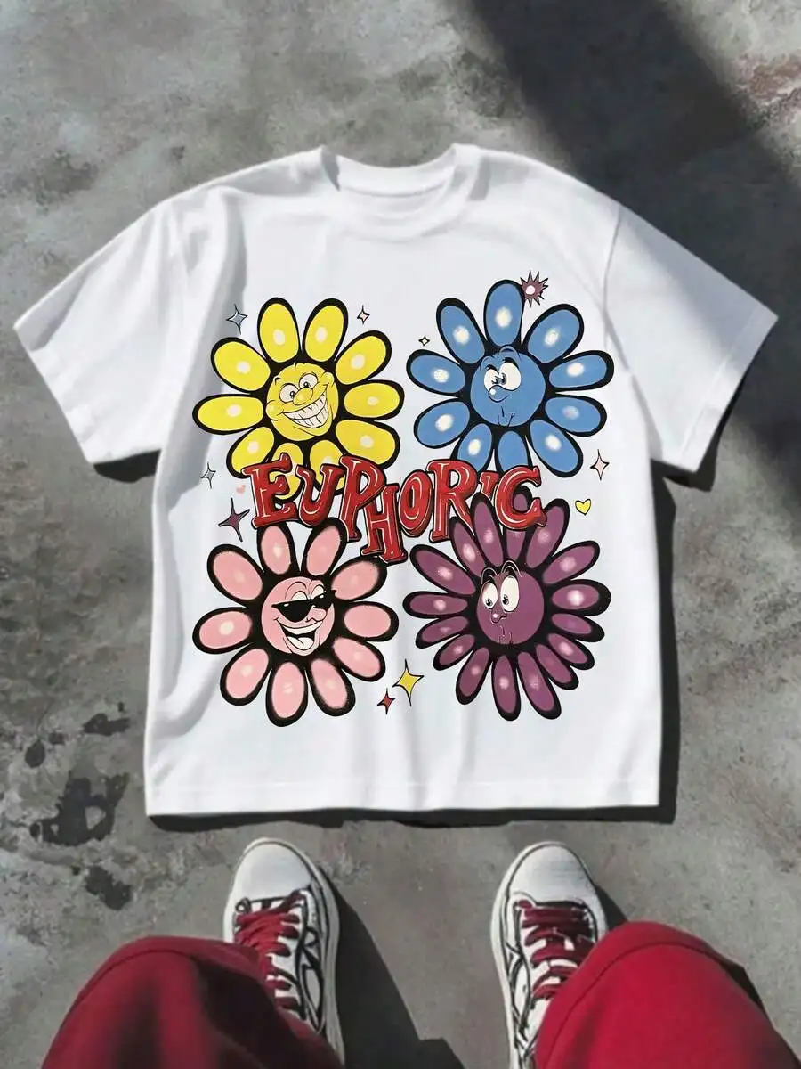Y2k,Smiling Face Chrysanthemum Pattern ...100% Cotton T-Shirts Feature A Youthful And Fashionable Design.They Are Perfect For