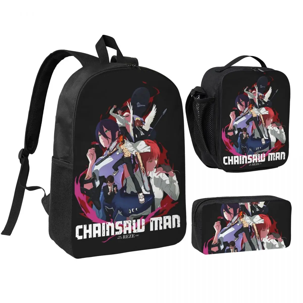3pecs/set Chainsaw Man Reze Backpack for Student Makima Power Aki Denji High School Daypack Lunch bag Pencil Case