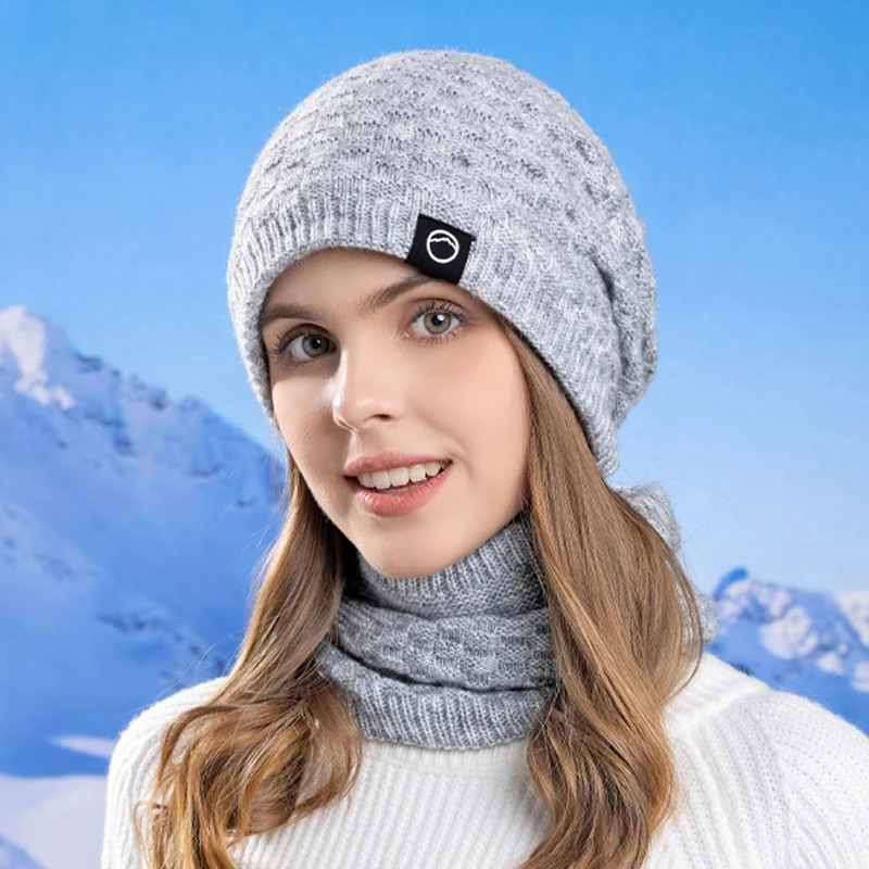 Winter Hat Scarf Set for Women Plush Thicken Knitted Beanies Windproof Warm Woolen Ear Protection Hats Outdoor Sports Skiing Cap