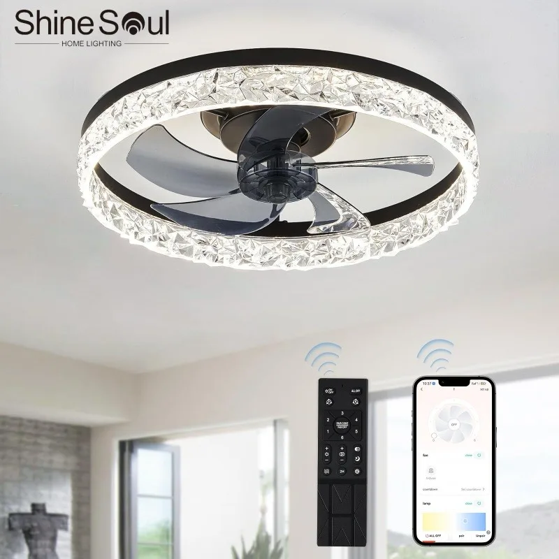 Modern Flush Mount Ceiling Fan with Lights APP Remote Control  Dimmable Mute Bedroom Living Room Kitchen Decor Ceiling Fans Lamp