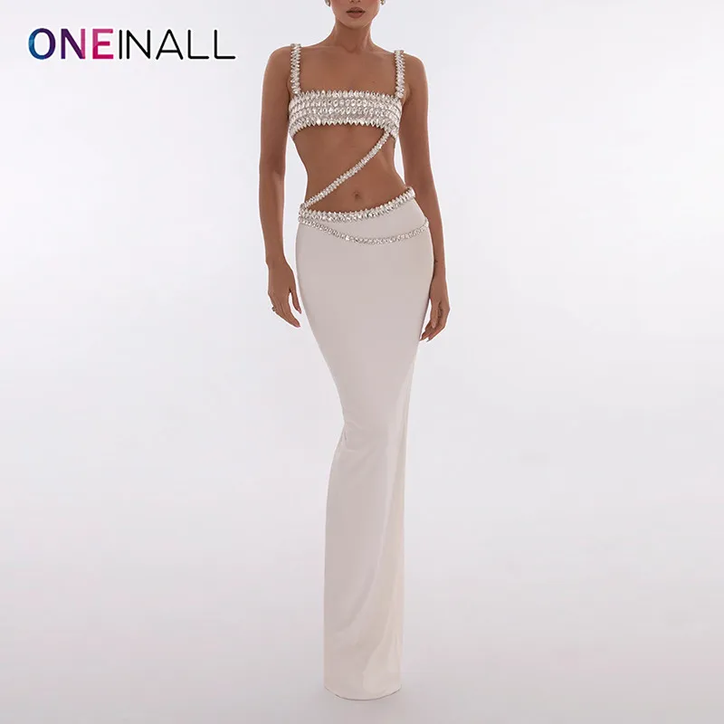 

ONEINALL Spliced Diamonds Two Piece Set For Women Square Collar Sleeveless Crop Top High Waist Split Skirt Slimming Sets Female