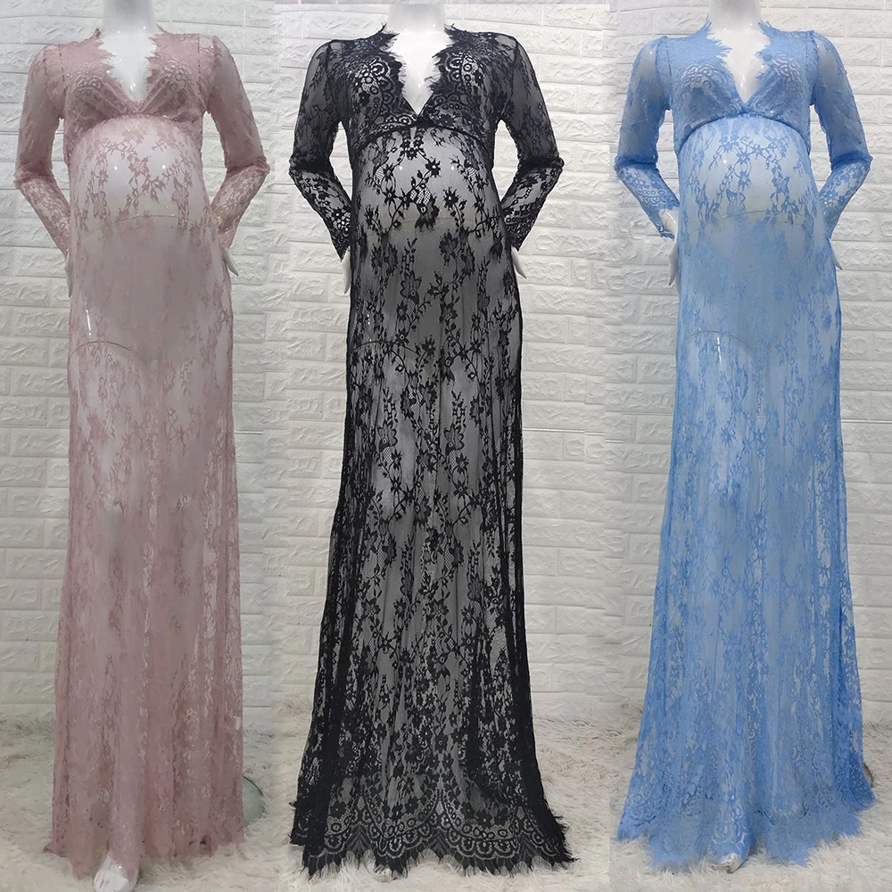 Summer Vintage Women Sexy Maxi Dress Long Sleeve Deep V Neck Photography Prop Gown See Through White Lace Beach Dress