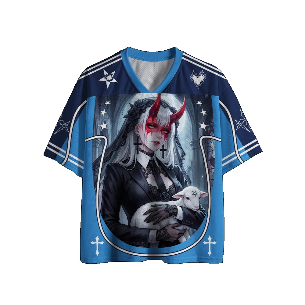 Gothic Football Jersey Vintage Print V‑Neck Short Sleeve Cropped Jersey Y2K Alt Punk Streetwear Harajuku Oversized Sport Tee