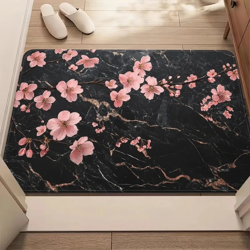 Black Marble Cherry Blossom Doormat Pink Sakura Floral Rug Japanese Style Bathroom Mat Non-Slip Kitchen