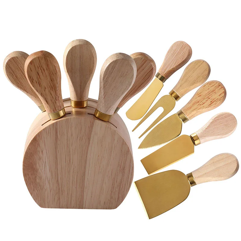 6Pcs Cheese Knife Set With Wooden Holder Rubberwood Handle Cheese fork Butter Cutter Slicer Cheese spreader Kitchen Cheese Tools