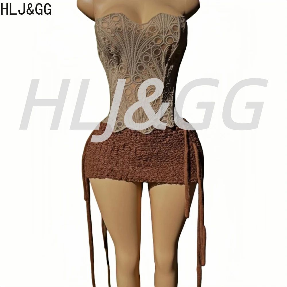 HLJ & GG-Conjunto de dos piezas de tubo Irregular de encaje hueco para mujer, Top corto ajustado sin mangas con hombros descubiertos y Mini faldas con borlas, trajes