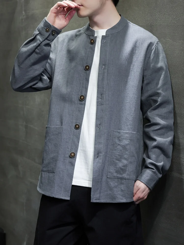 

Мужская повседневная куртка из хлопка и льна в китайском стиле, осенне-зимняя модная городская свободная куртка с длинными рукавами и декоративными пуговицами