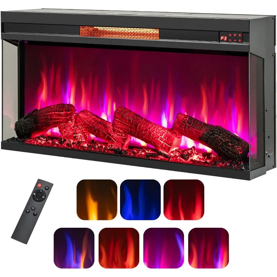36 Inch 3-Sided Electric Fireplace with 1500W Heating Power Recessed Fireplace Insert Featuring 7-Color Flame Effects Adjustabl