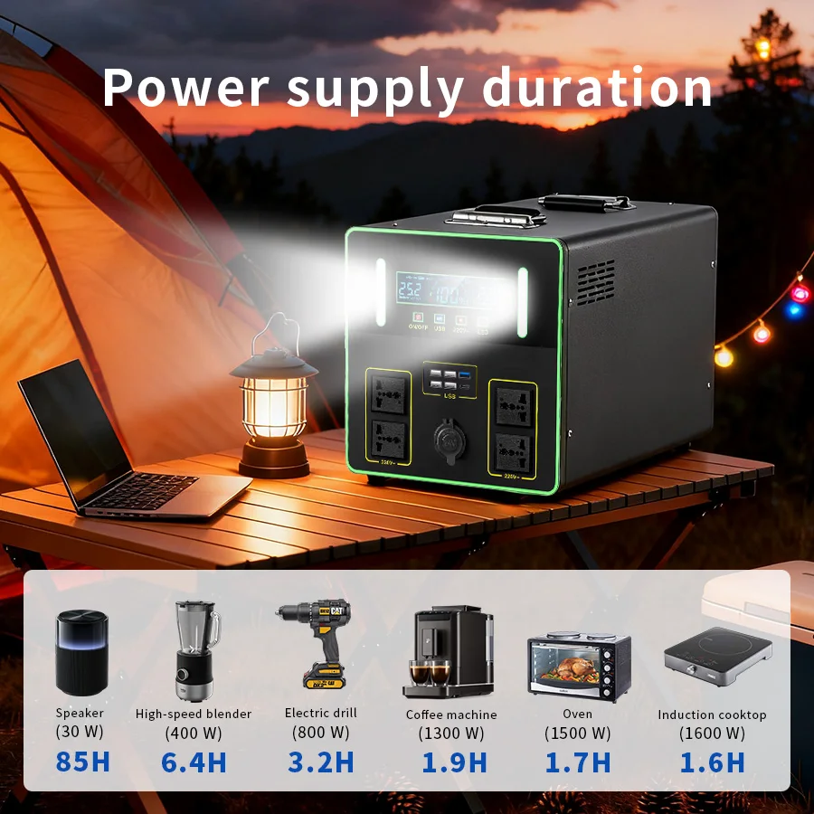Outdoor Mobile Car Camp Backup Portable LiFePO4 Battery Power Bank Solar Pure Sine Wave 2000W Flashlight