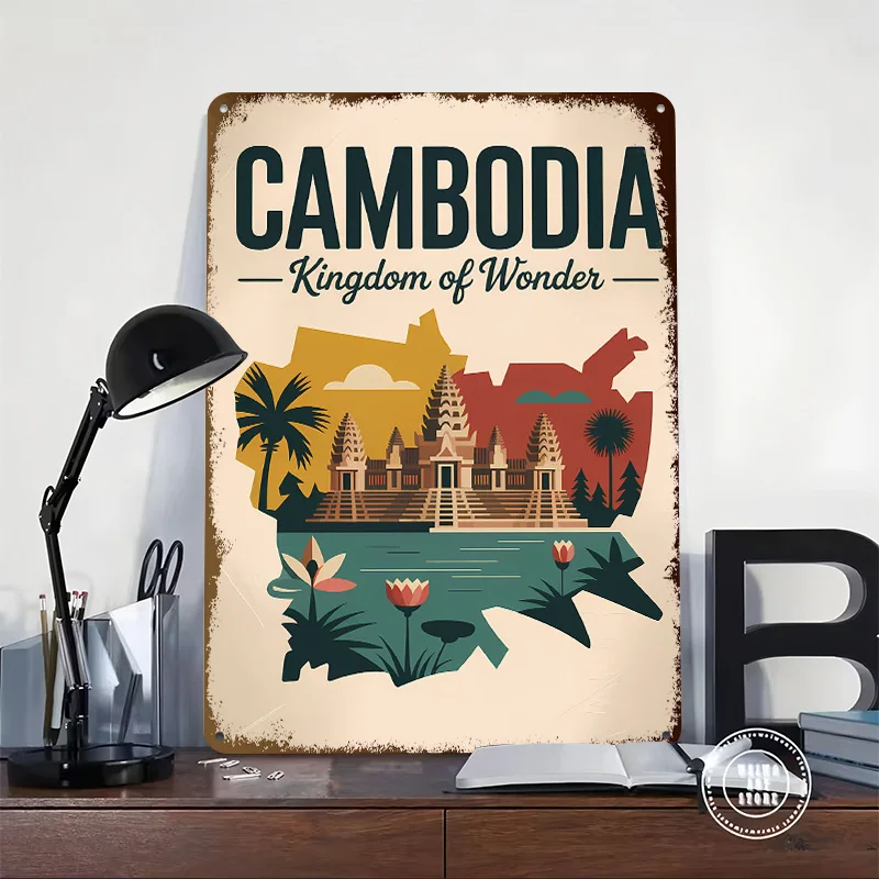 Cambodia: Kingdom of Wonder Travel Tinplate Poster Custom Wall Art Vintage Metal Signs Retro Tin Plaque for Decoration Garage