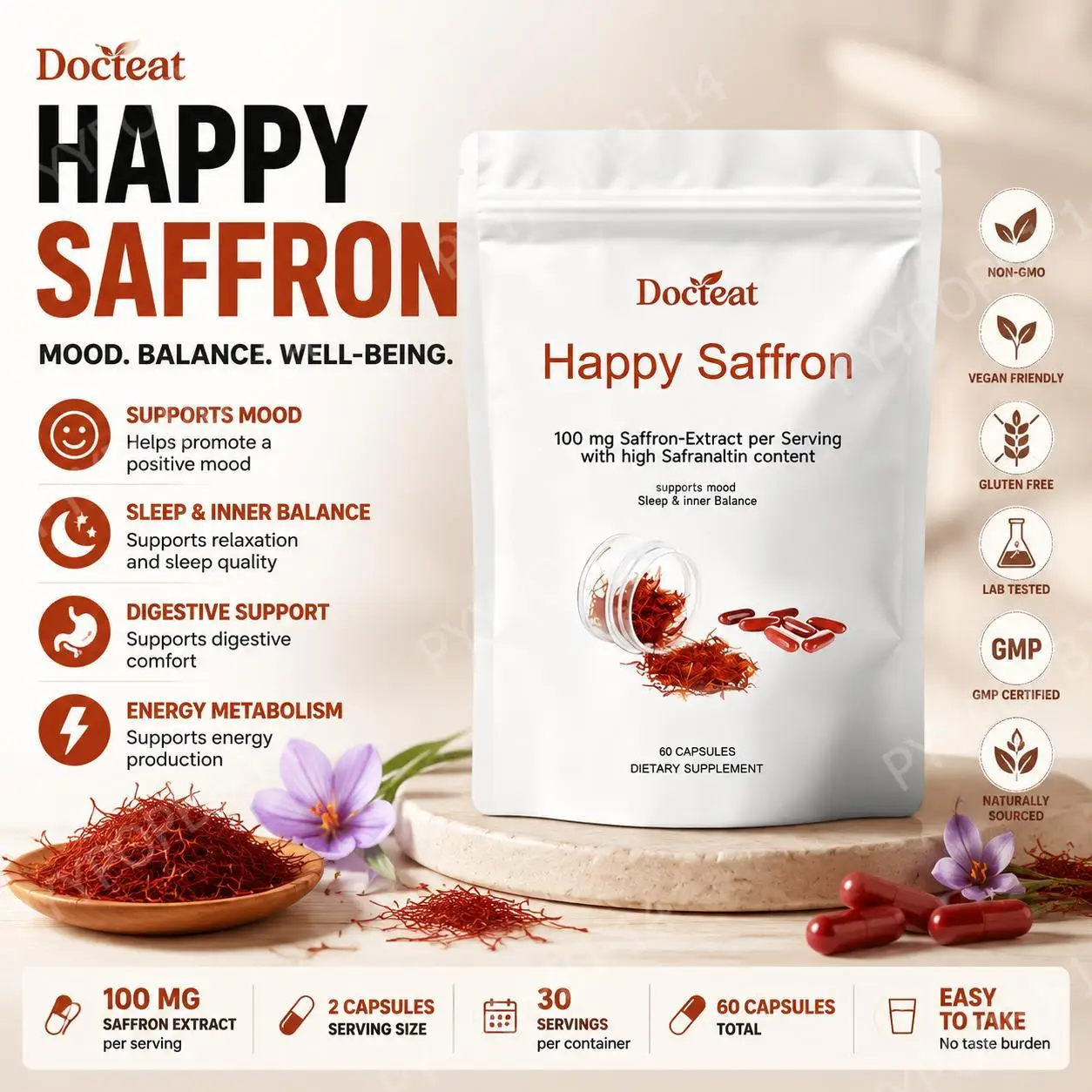 Docteat Happy Saffron Extract Capsules Supports Mood Sleep Quality & Inner Balance with 100mg Extract Per Serving 60 Capsules