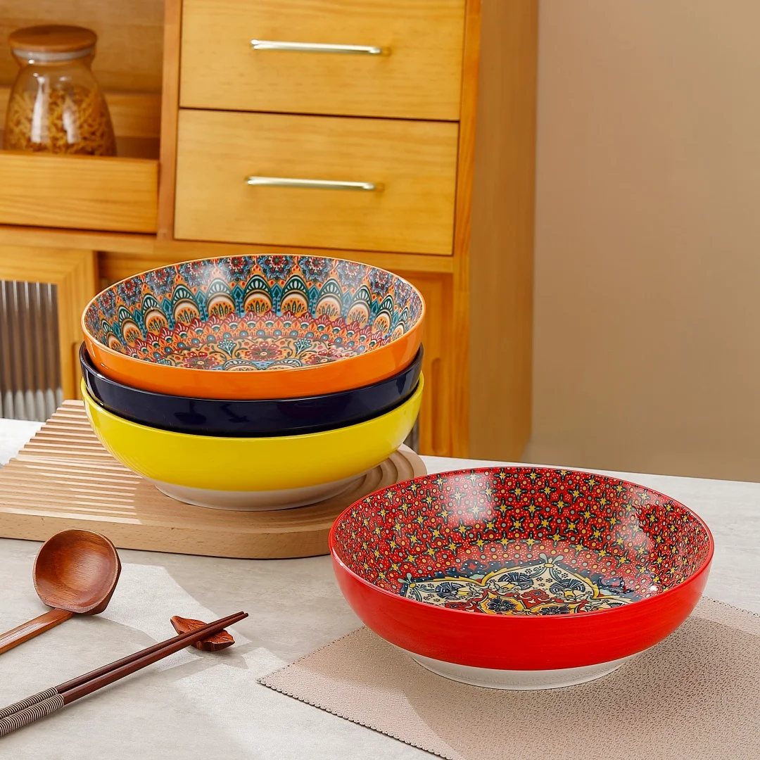 Bohemian Style Underglaze Ceramic Soup Bowl Large Capacity Salad Bowl for Party Camping