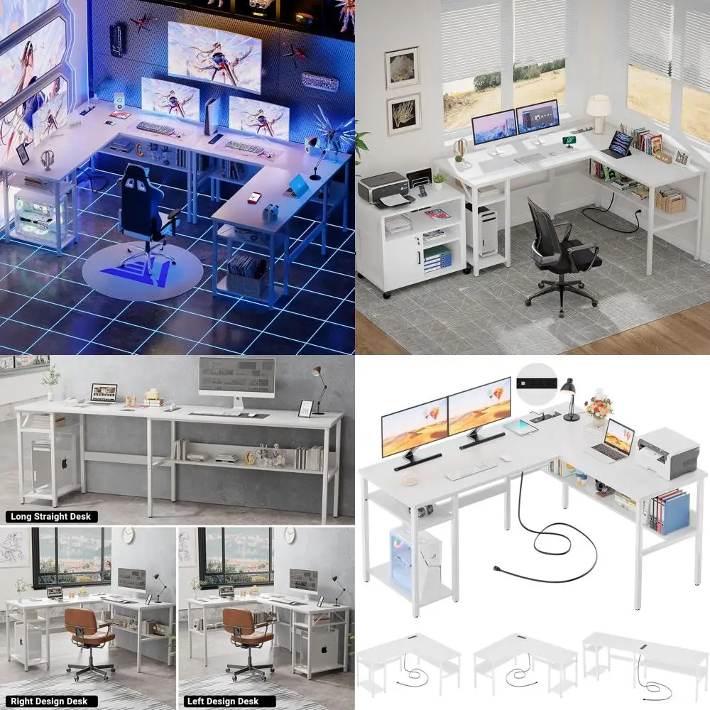 Adjustable White L-Shaped Desk with Power Outlets & USB Ports, Sturdy Home Office Desk with Storage, Easy Assembly