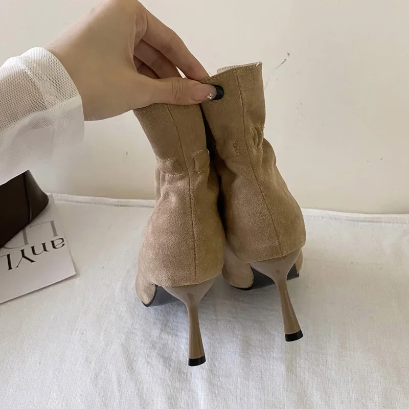 Aneikeh موضة التجاعيد حذاء من الجلد نمط الشارع رقيقة عالية الكعب امرأة مصمم شريط مرن أشار تو متجرد أحذية الحفلة الراقصة