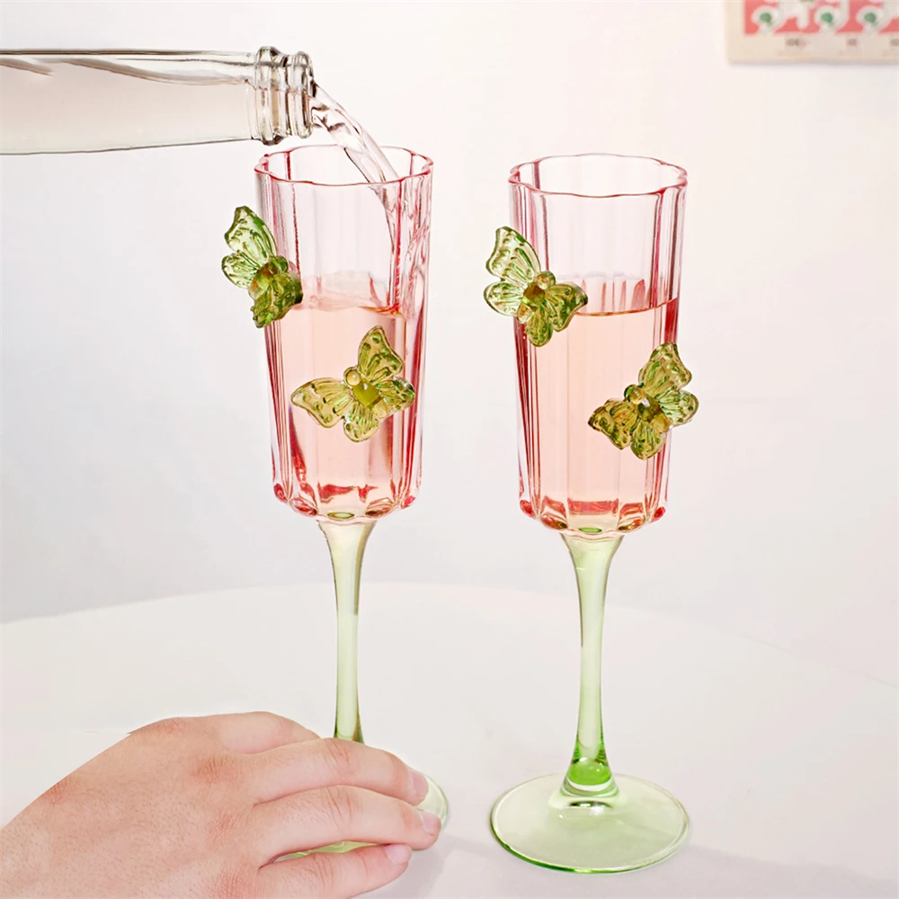 Advanced 3D Butterfly Champagne Glass Kitchen Supplies Cocktail Juice Drink Glass Pink Transparent High Footed Glass 180ml