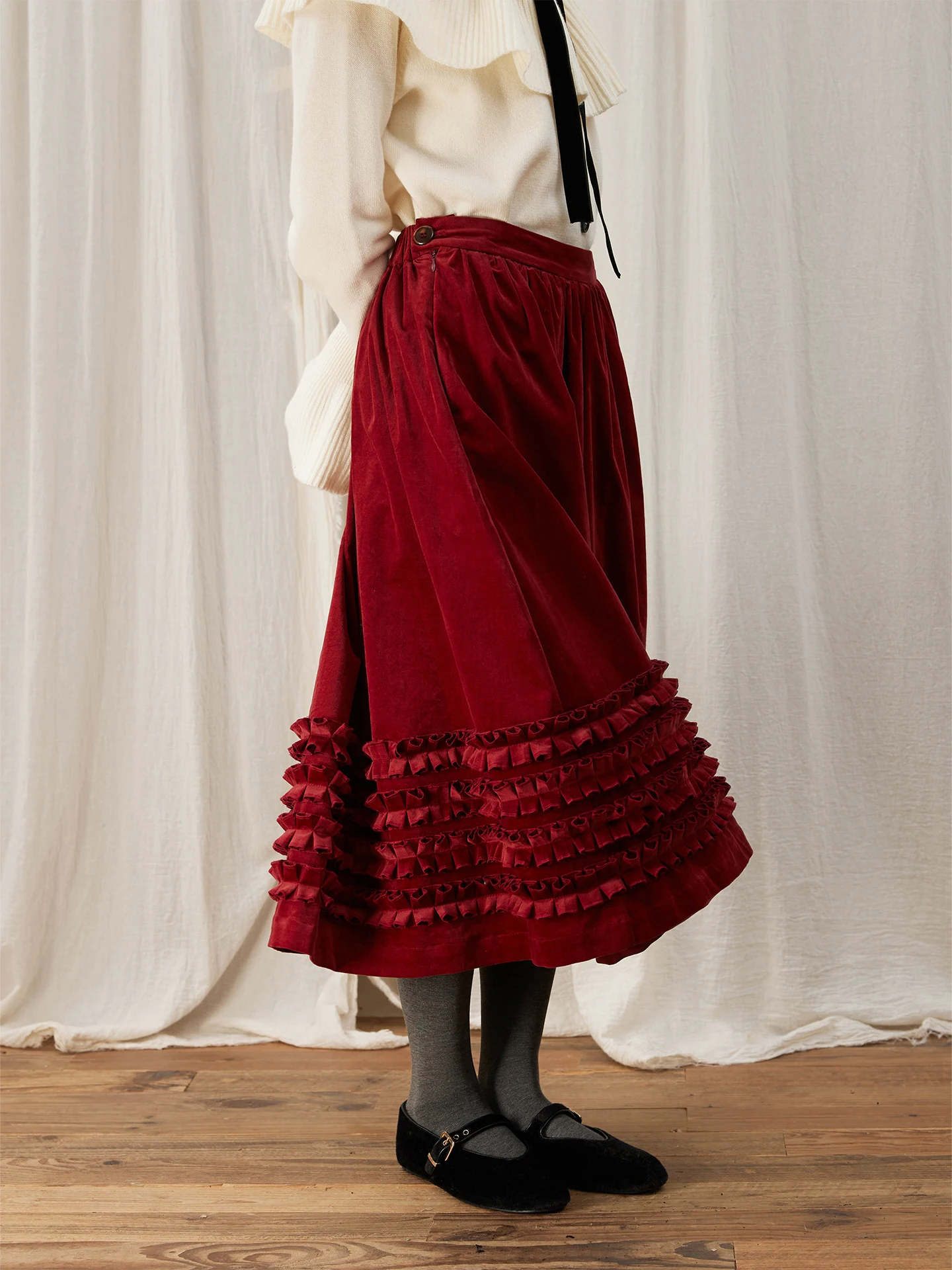 

Ретро-юбка из вельвета на осень-зиму с кружевной отделкой, плиссированная, винно-красная, в японском стиле, женская