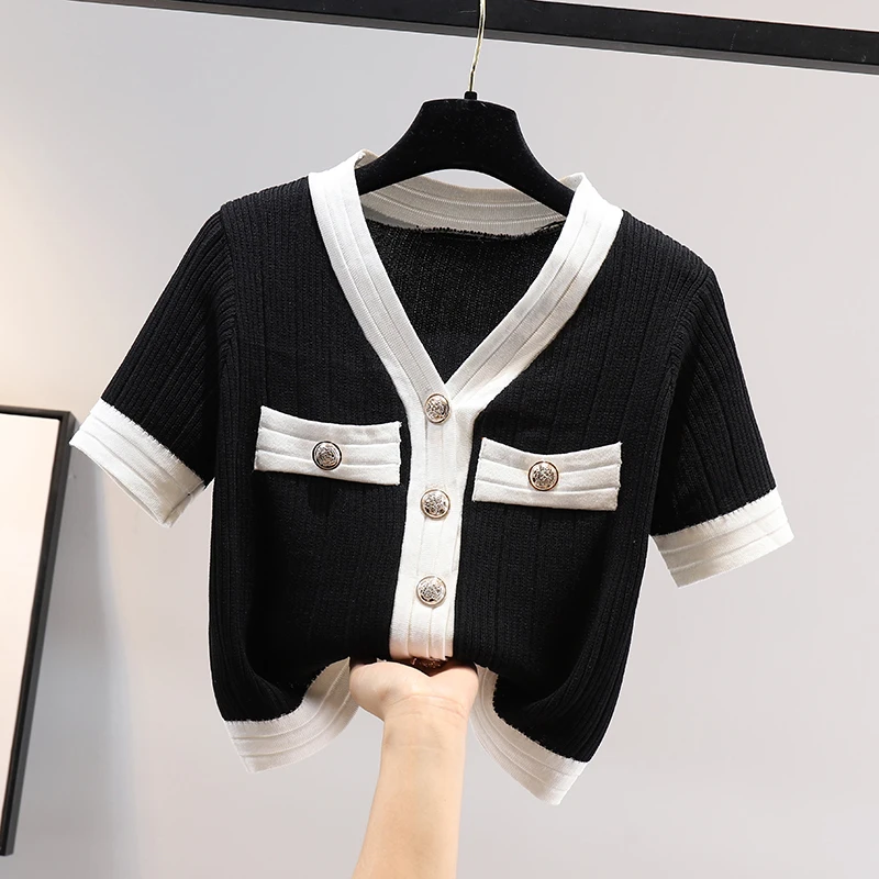 Summer Slim Fit Knitted Cardigan Women Korean Fashion Short Sleeve Sexy V-neck Contrast Color Crop Top Elegant French Shirt Y2k