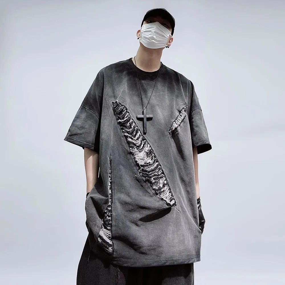 Hip Hop Oversize Washed T-Shirt Vintage Streetwear Harajuku Hole Ripped Patch T Shirt Men Summer Short Sleeve Tshirt Cotton Tops