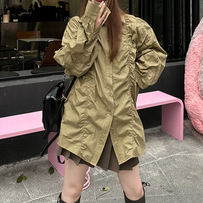 KWTX ผู้หญิง Vintage Streetwear เสื้อแจ็คเก็ต SS25 Solid Casual Handmade Smocking Single Breasted กระเป๋า Luxe น้ําหนักเบา