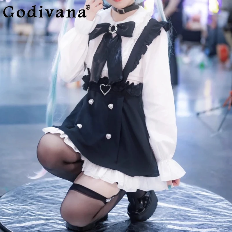 

Halloween Cosplay Subculture Cute Strap Dress Spring Autumn Sweet Girl Peter Pan Collar Long Sleeve Shirt Japanese Two-piece Set