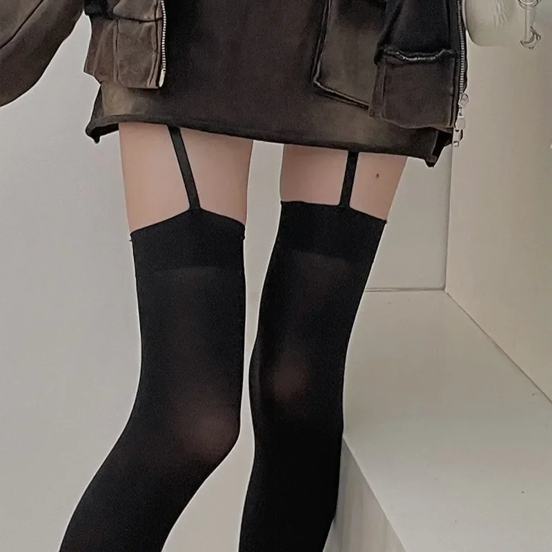 Damen-Straps-Strumpfhose aus Samt mit weitem Bund, Lolita, dünne, oberschenkelhohe Strümpfe mit Strumpfbändern, Y2K JK College-Stil, Overknee-Socken