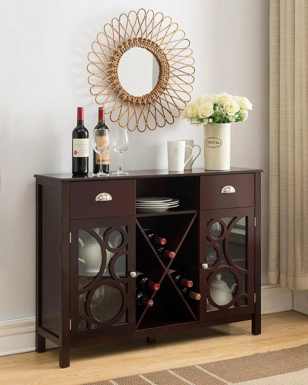 Wood Buffet Server Sideboard Wine Cabinet Storage, Cherry Finish, Customized
