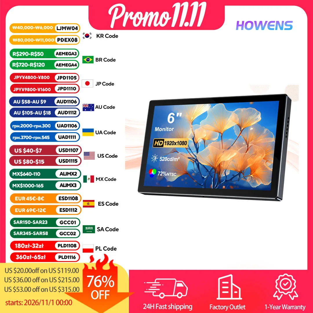 FHD 6 Inch Portable Secondary Screen 1920x1080P Brightness 520CD IPS Display Screen Suitable For Device Monitoring Mini Screen